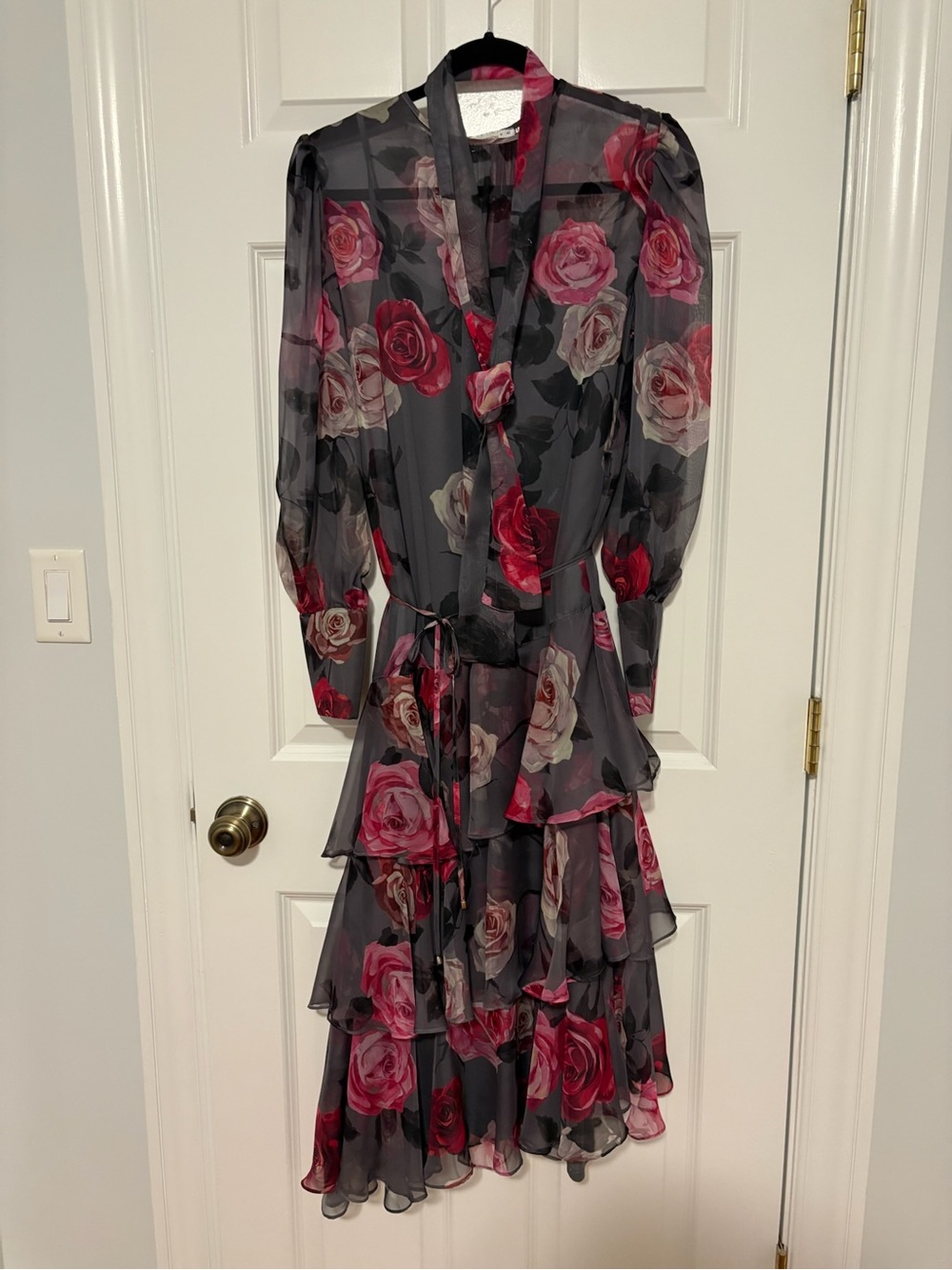 Sheer Floral Tiered Midi Dress in Gray with Pink Roses